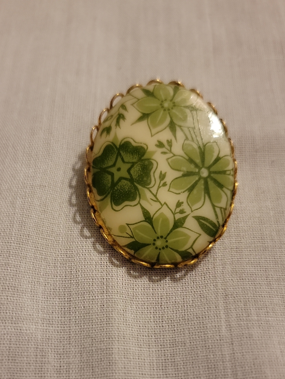 Vintage Floral Green Porcelain Brooch with Gold Tone Frame